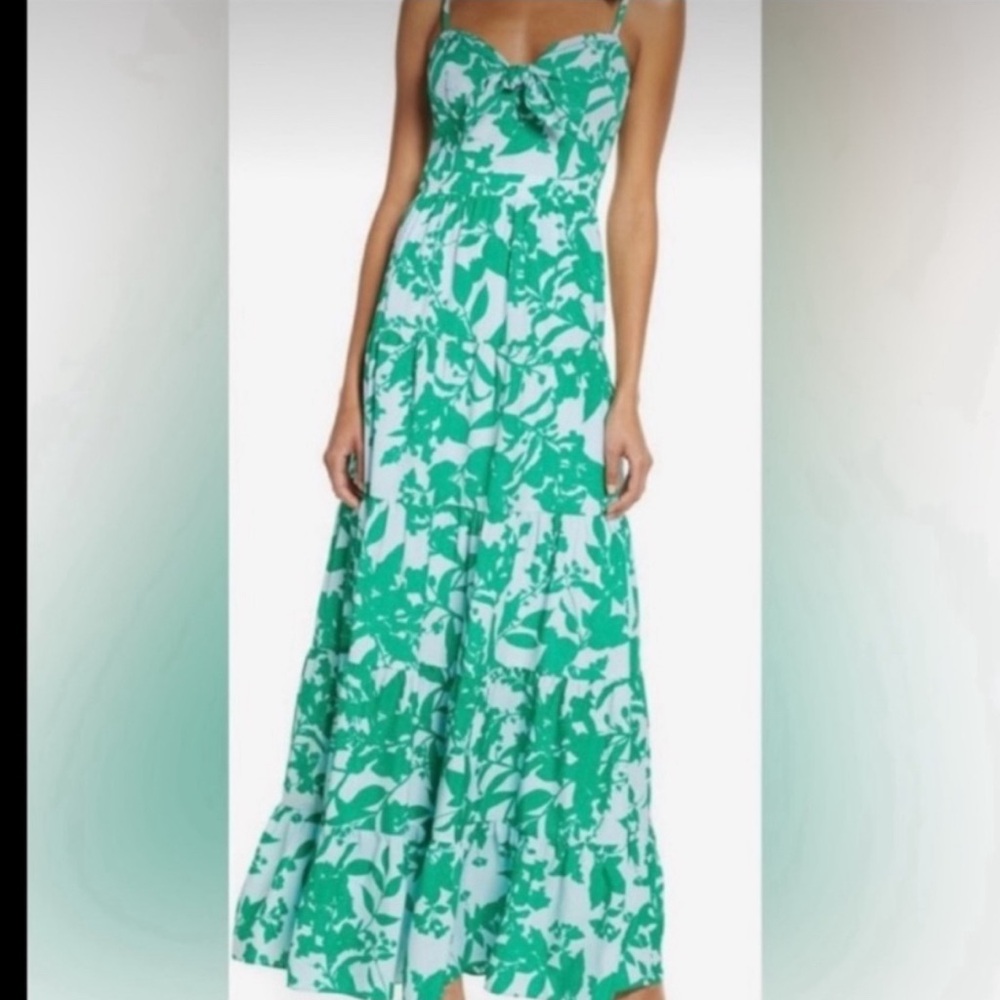 Eliza J Resort Floral Maxi Dress Blue/Green Tie-Front Tiered Size 14
